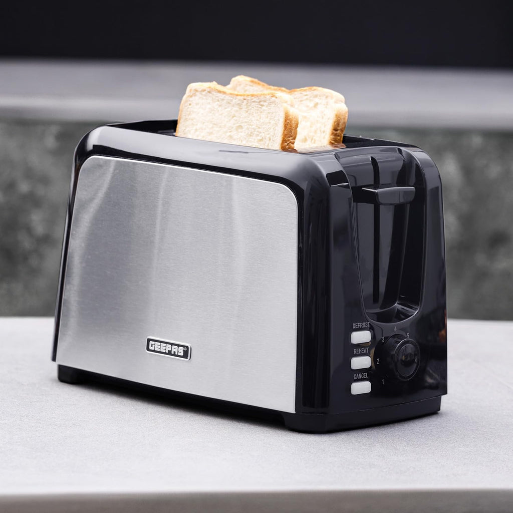 Geepas 2 Slice Bread Toaster – 7 Level Browning, Defrost, Reheat & Cancel, 750W (Black)