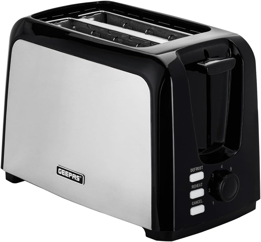 Geepas 2 Slice Bread Toaster – 7 Level Browning, Defrost, Reheat & Cancel, 750W (Black)