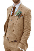 3 Pieces Retro Linen Suits for Men Summer Beach Wedding Khaki Homecoming Tuxedos Linen Blazer Vest Pant Prom Men Suit kk-xs