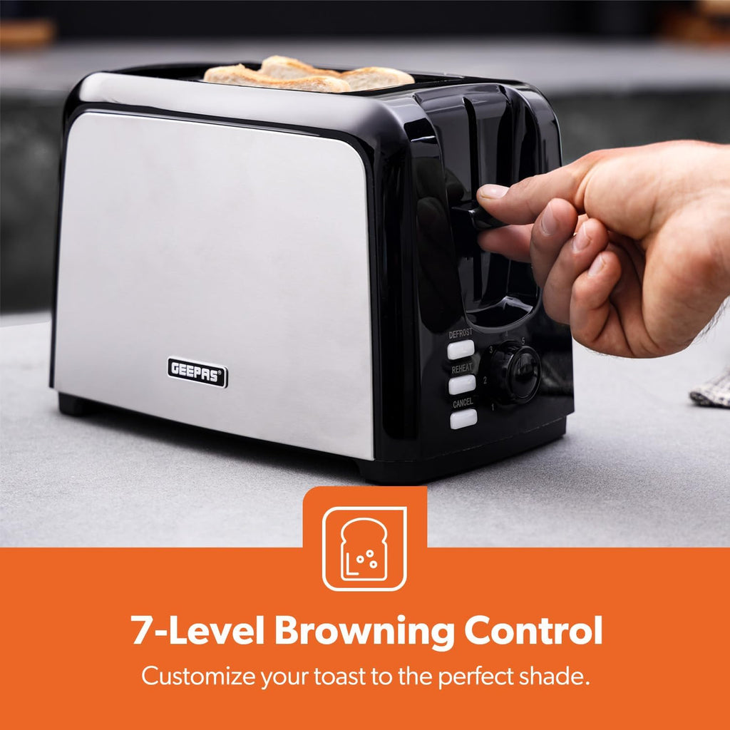 Geepas 2 Slice Bread Toaster – 7 Level Browning, Defrost, Reheat & Cancel, 750W (Black)