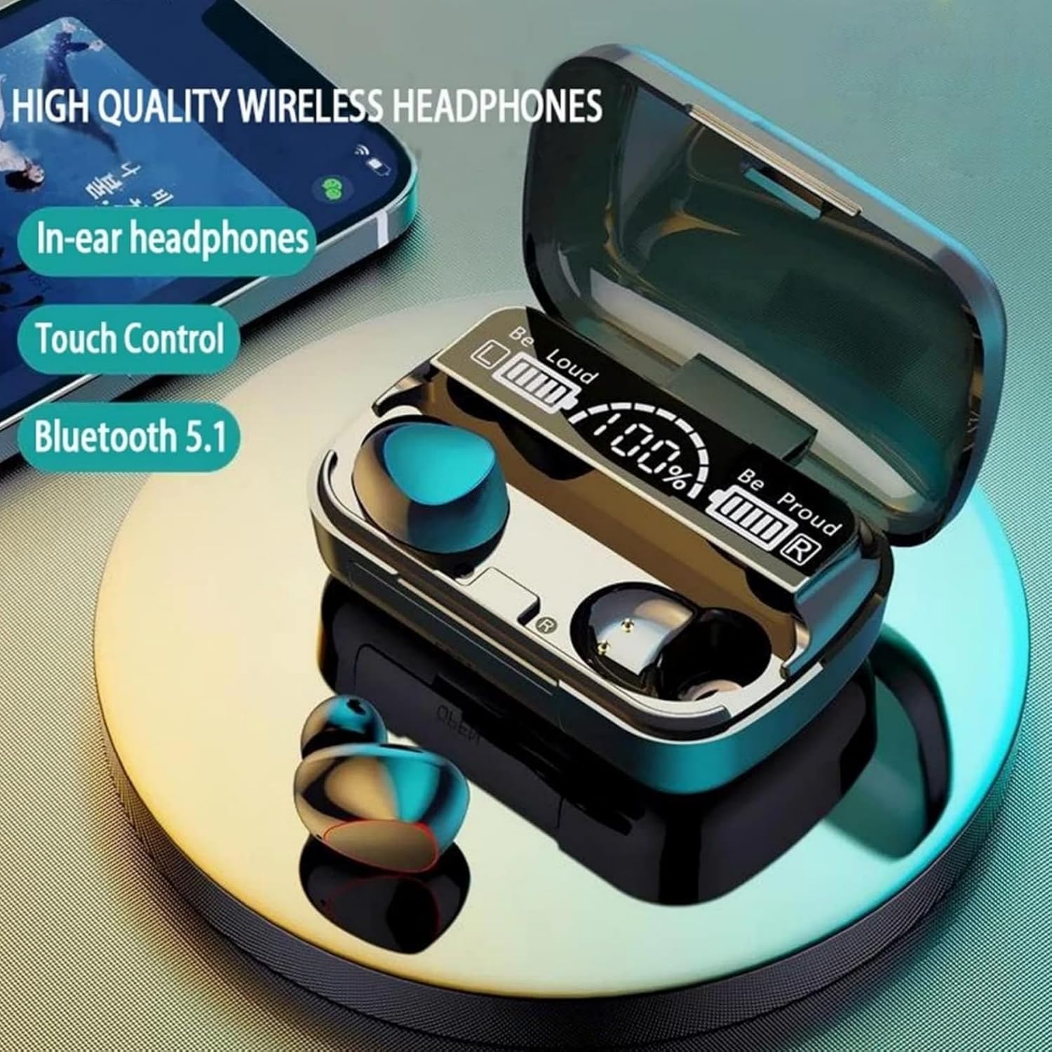 HOGKMOHK Wireless Earbuds – Bluetooth 5.1, IPX7 Waterproof, HiFi Stereo, LED Display (Black)