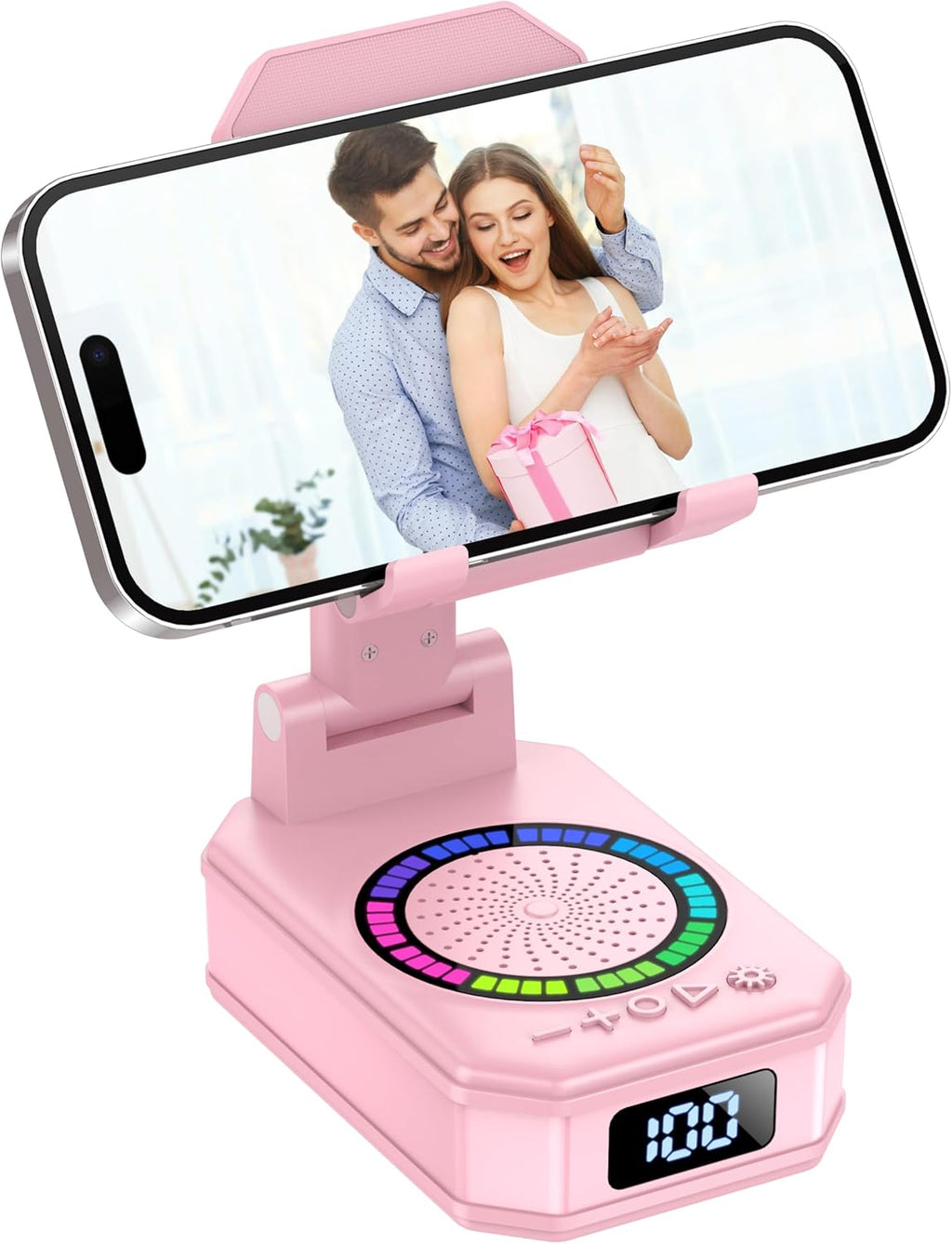buwy 4-in-1 Phone Stand with Bluetooth Speaker – RGB Light, Wireless Charger, 40H Battery (Pink)