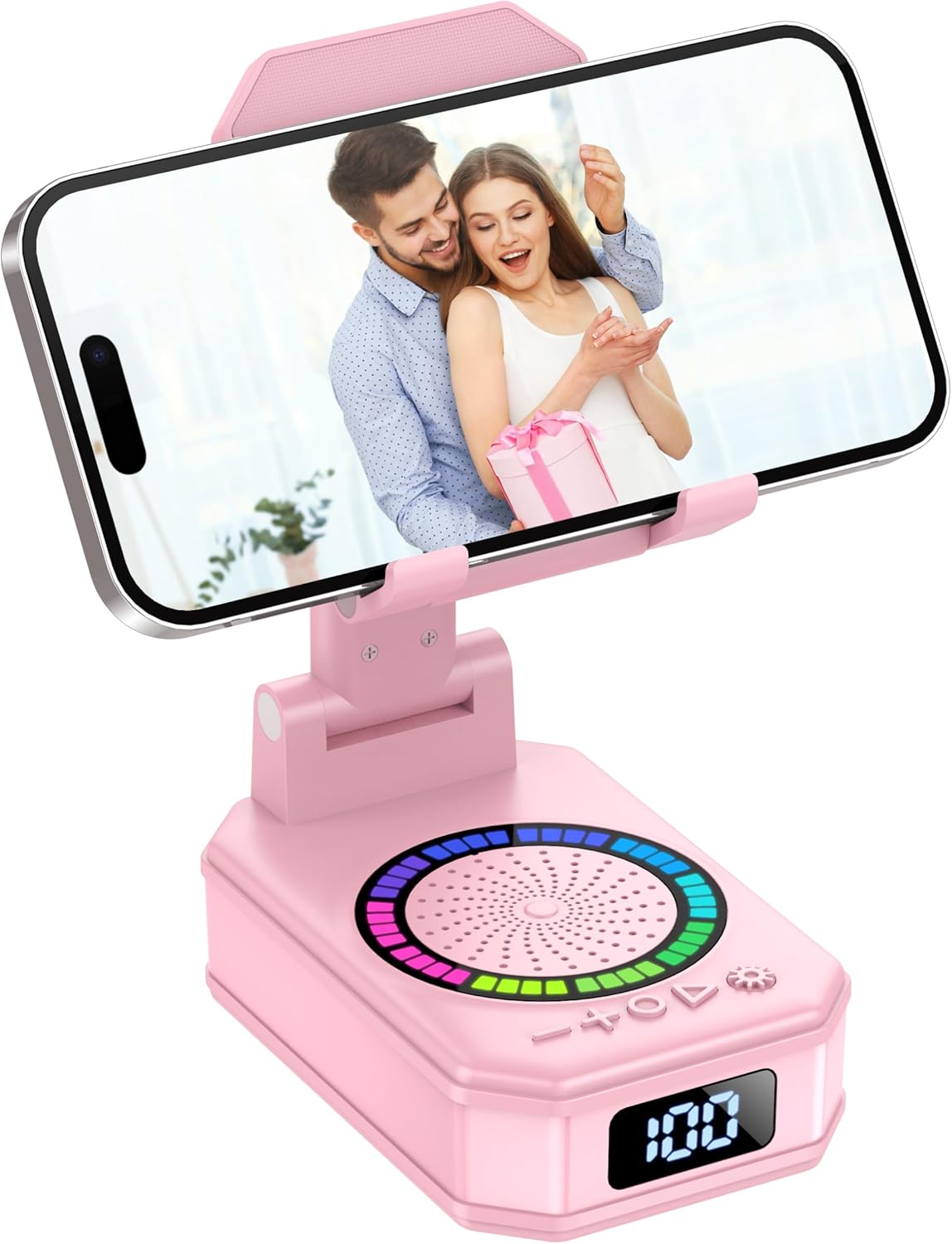 buwy 4-in-1 Phone Stand with Bluetooth Speaker – RGB Light, Wireless Charger, 40H Battery (Pink)