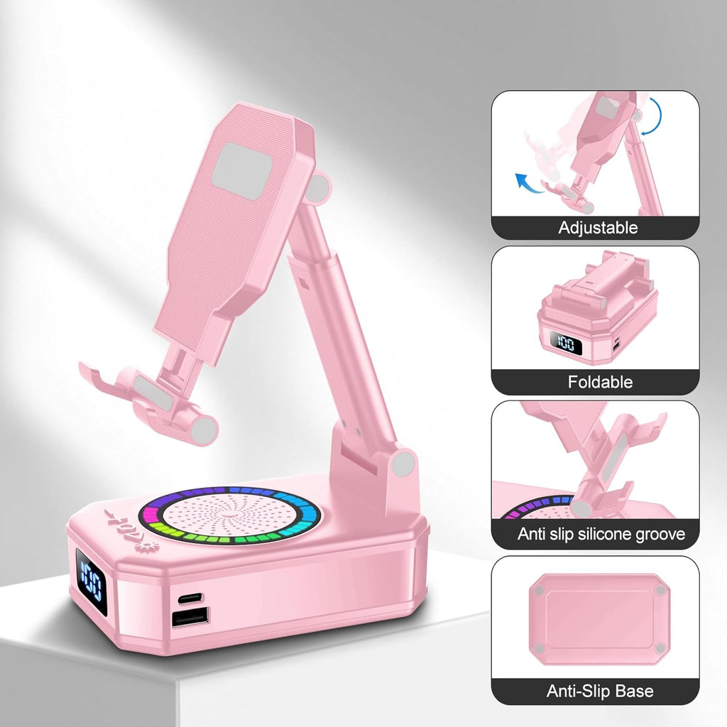 buwy 4-in-1 Phone Stand with Bluetooth Speaker – RGB Light, Wireless Charger, 40H Battery (Pink)