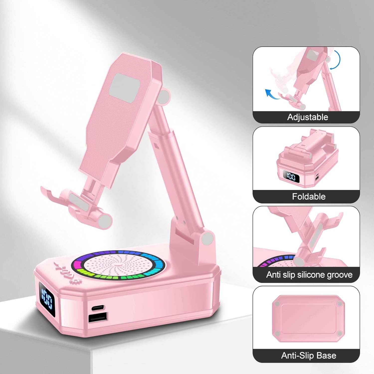 buwy 4-in-1 Phone Stand with Bluetooth Speaker – RGB Light, Wireless Charger, 40H Battery (Pink)