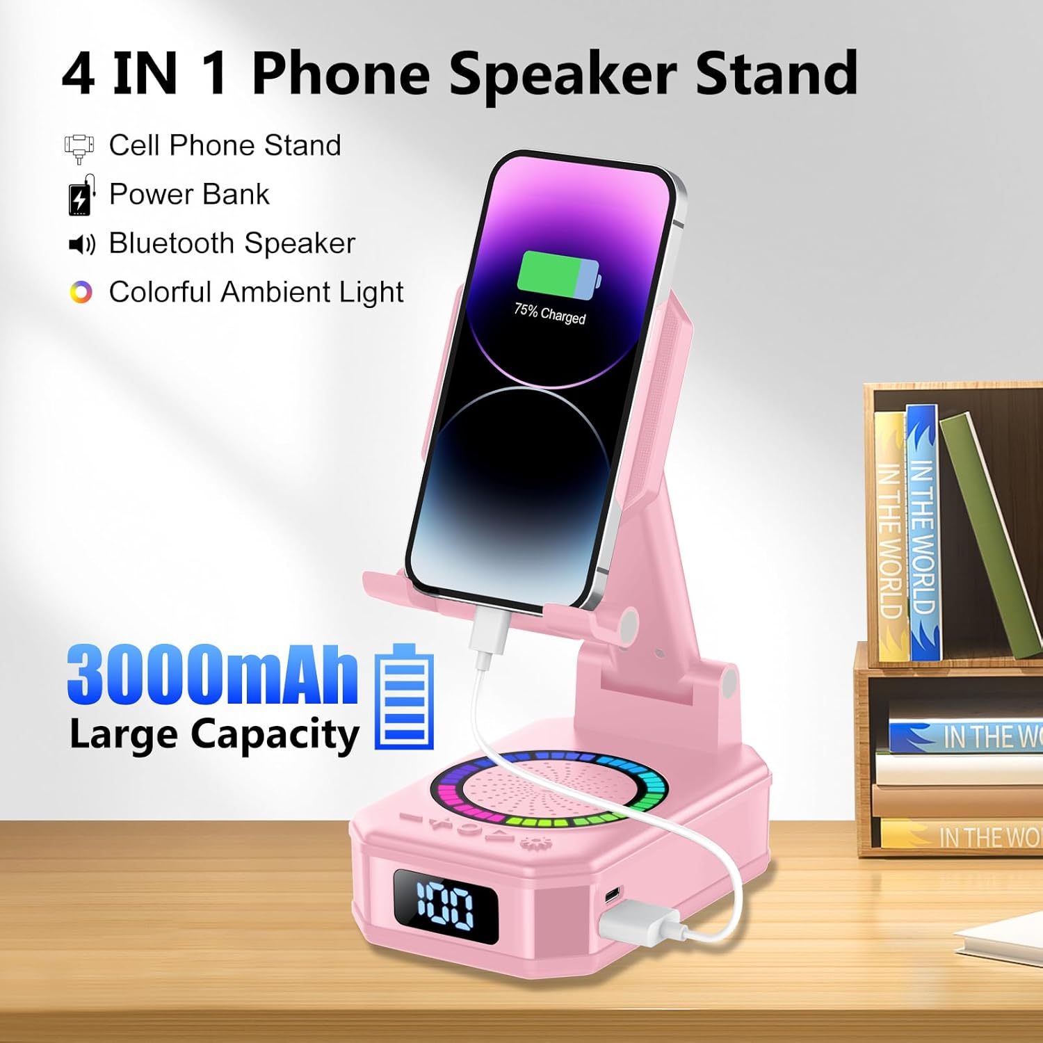 buwy 4-in-1 Phone Stand with Bluetooth Speaker – RGB Light, Wireless Charger, 40H Battery (Pink)