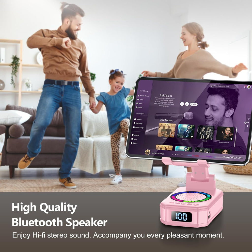 buwy 4-in-1 Phone Stand with Bluetooth Speaker – RGB Light, Wireless Charger, 40H Battery (Pink)
