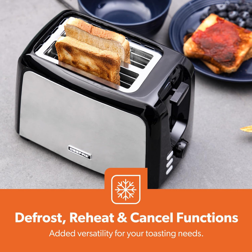Geepas 2 Slice Bread Toaster – 7 Level Browning, Defrost, Reheat & Cancel, 750W (Black)