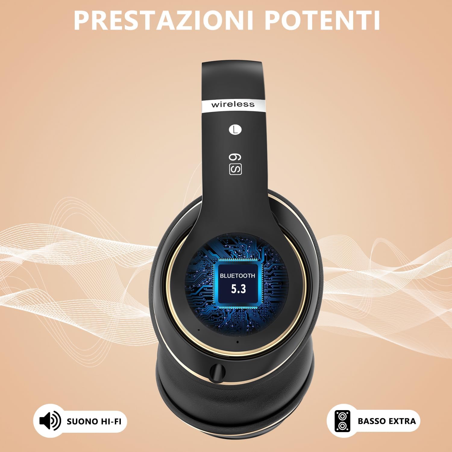 Rebocico Bluetooth Headphones Over Ear – 65H Playtime, 6 EQ Modes, FM & SD Card (Black & Gold)