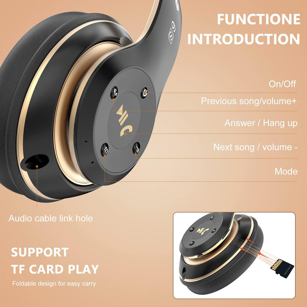 Rebocico Bluetooth Headphones Over Ear – 65H Playtime, 6 EQ Modes, FM & SD Card (Black & Gold)