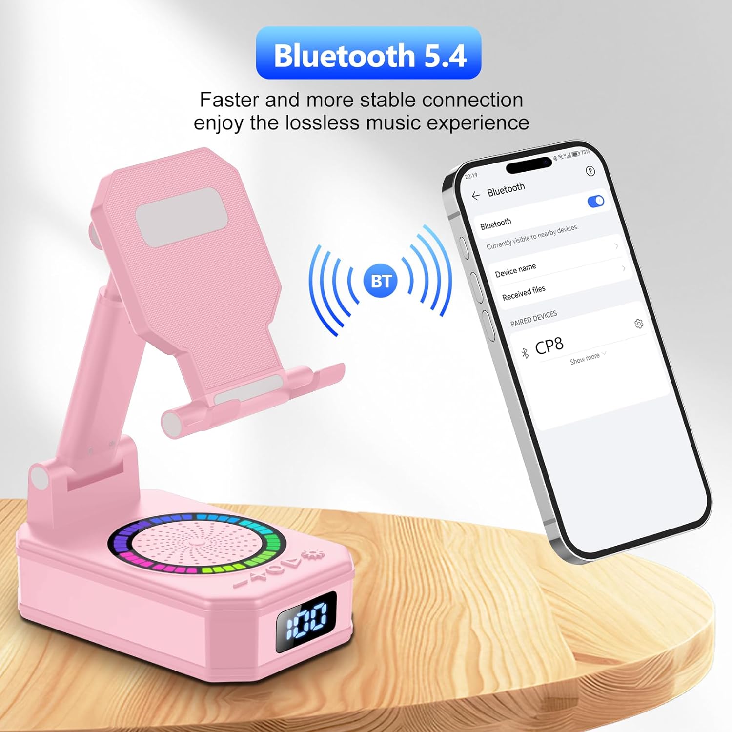 buwy 4-in-1 Phone Stand with Bluetooth Speaker – RGB Light, Wireless Charger, 40H Battery (Pink)