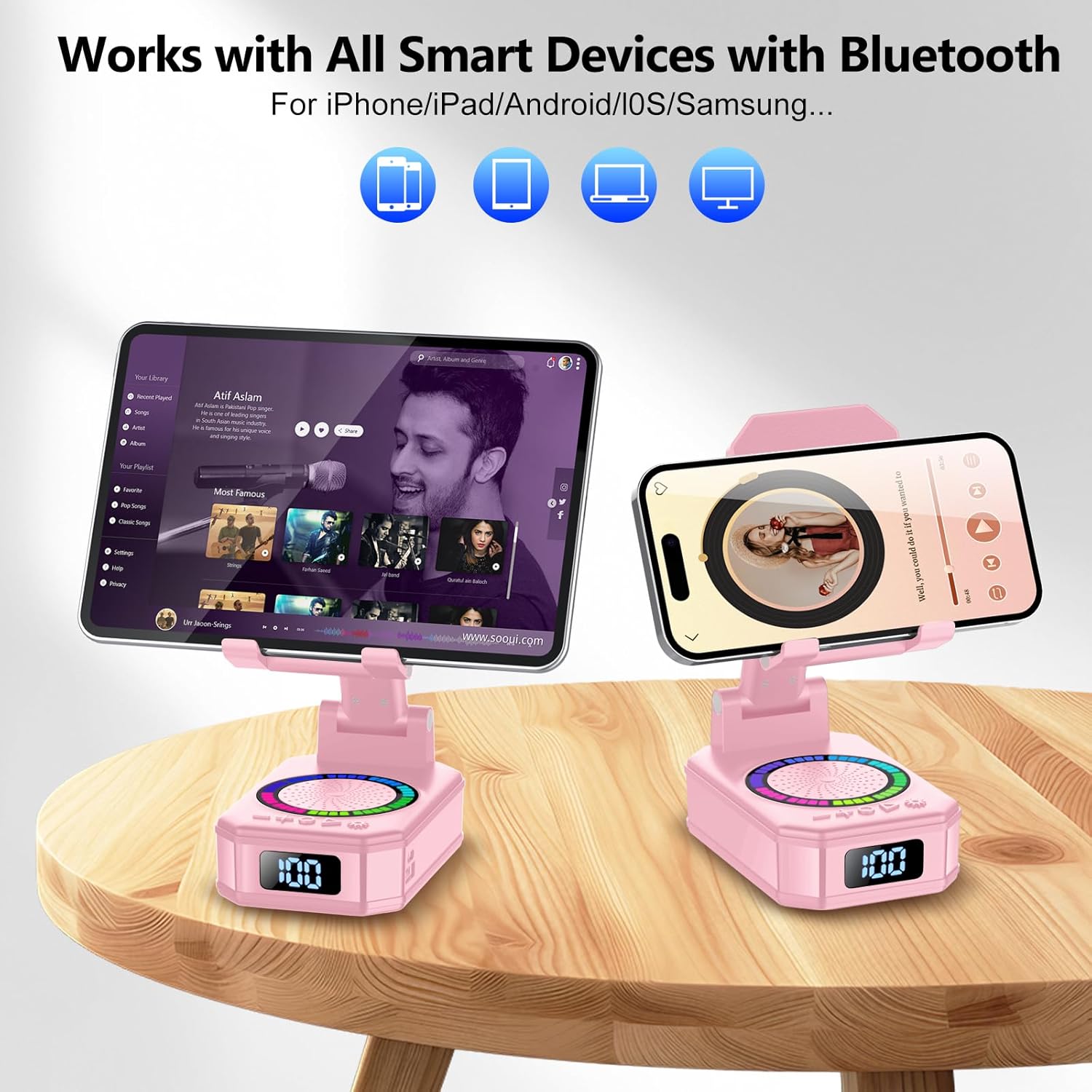 buwy 4-in-1 Phone Stand with Bluetooth Speaker – RGB Light, Wireless Charger, 40H Battery (Pink)