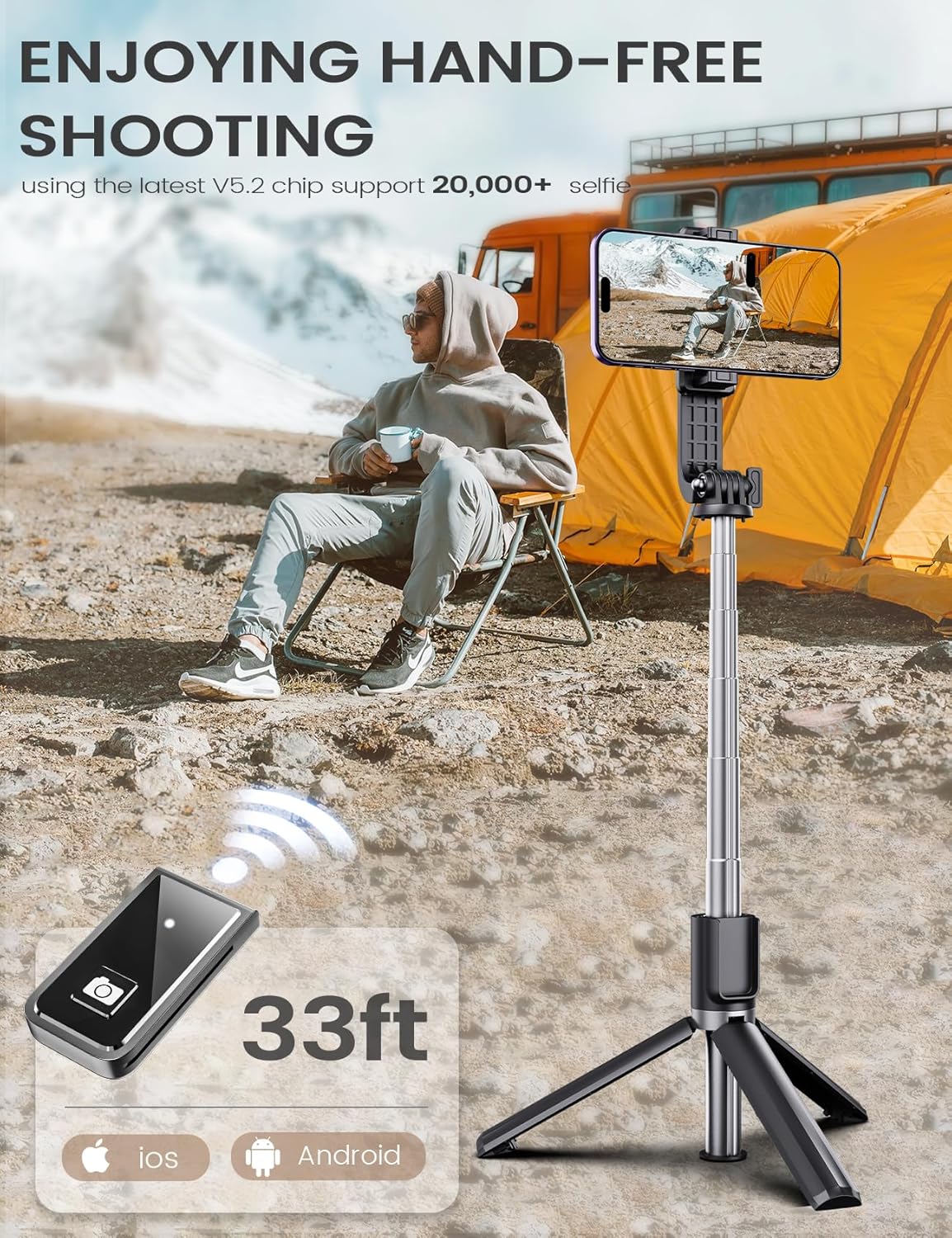 ANXRE Selfie Stick Travel Tripod with Remote – 360° Rotatable, 41.7", Compatible with Smartphone & GoPro (Black)