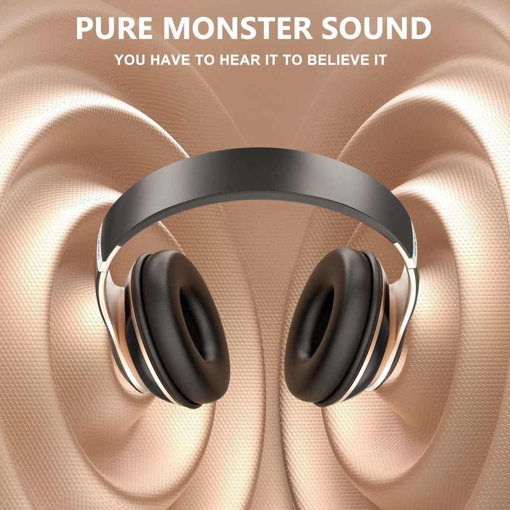 Rebocico Bluetooth Headphones Over Ear – 65H Playtime, 6 EQ Modes, FM & SD Card (Black & Gold)