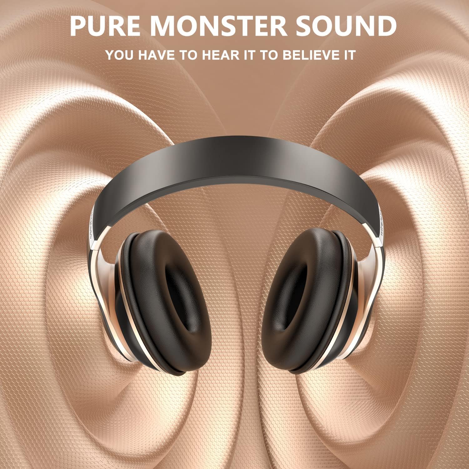 Rebocico Bluetooth Headphones Over Ear – 65H Playtime, 6 EQ Modes, FM & SD Card (Black & Gold)