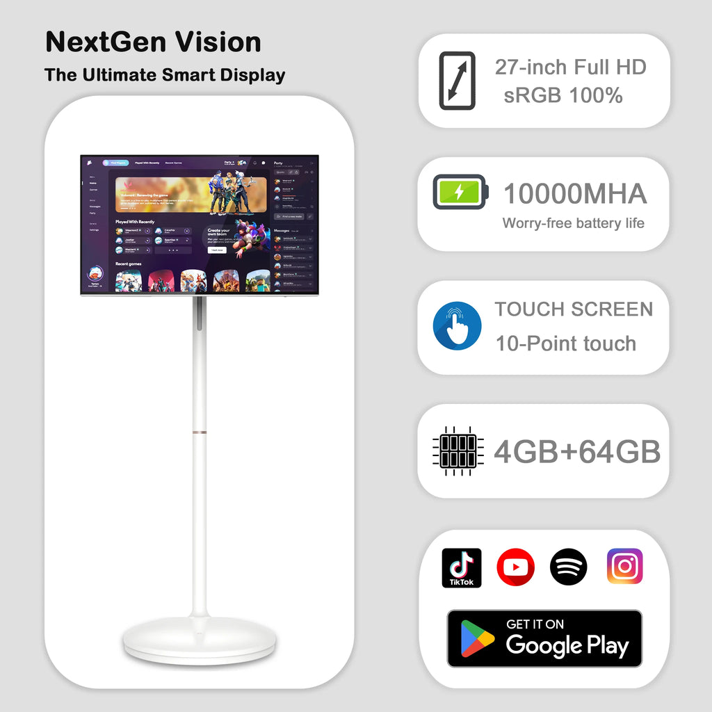 27 & 32-Inch Portable Android 13 Touch Screen TV | Rollable Stand, 10000mAh, WiFi