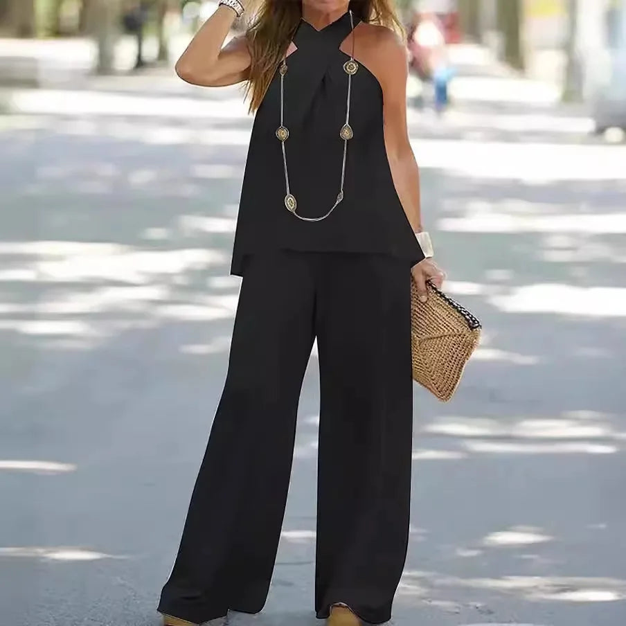 Women's Clothing 2025 New Fashion Casual Halter Neck Solid Color Sleeveless Suit Wide Leg Pants Trousers Two-piece Suit