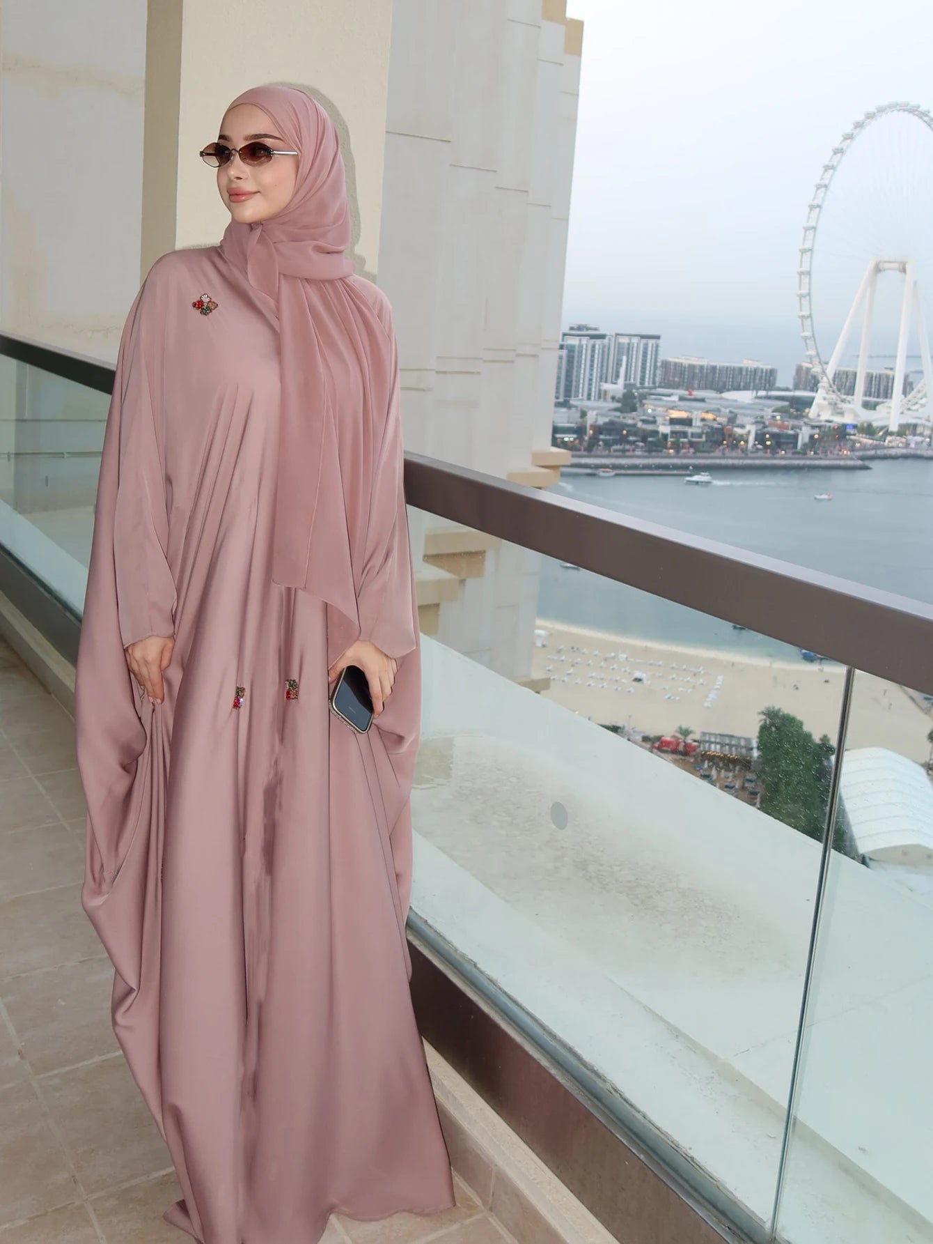 Women's Elegant Islamic Clothing, Pink Embroidered Robe, Loose Batwing Sleeve Arab Abaya