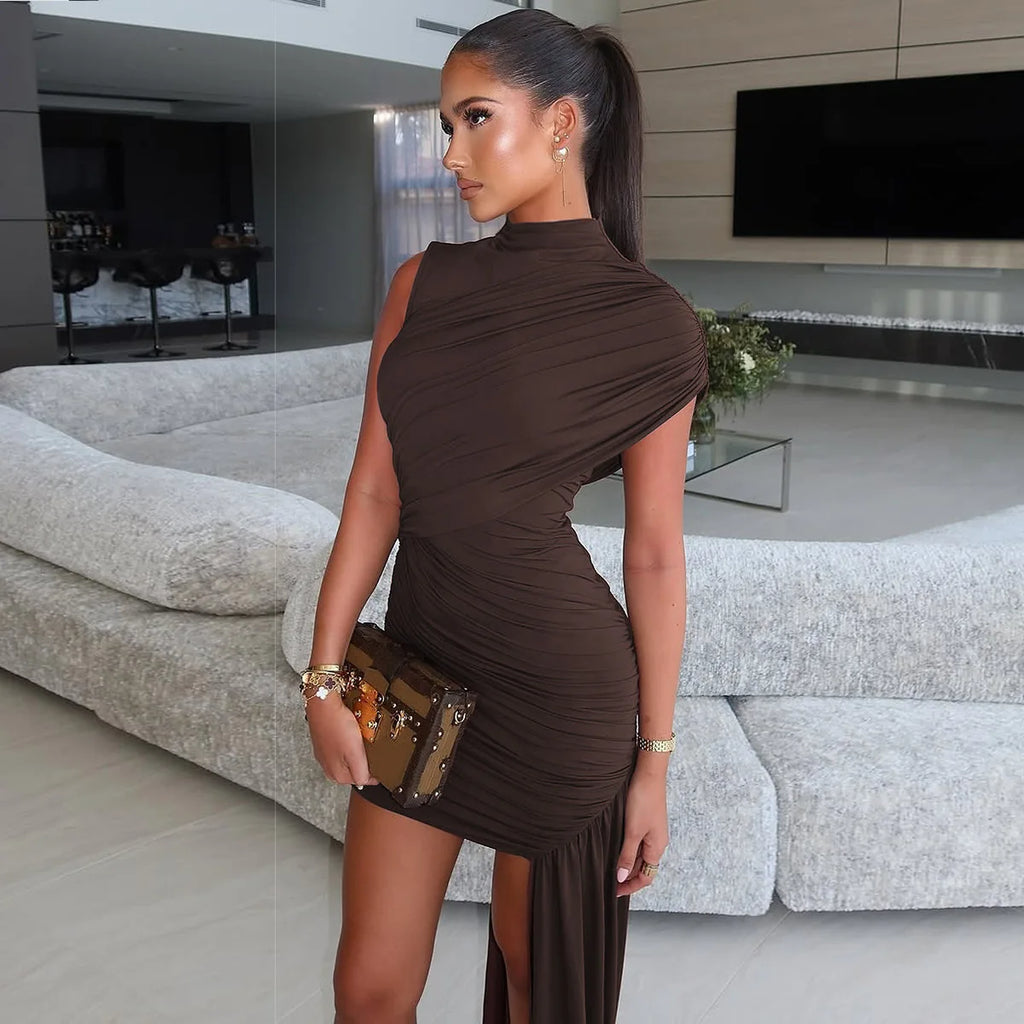 Women's clothing 2025 spring/summer new fashionable slim fit round neck pleated bag hip irregular sleeveless dress