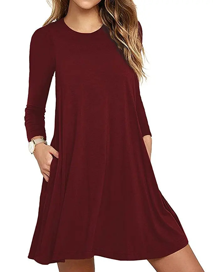 Women's Clothing New Autumn Winter Dress Solid Color Round Neck Swing Pocket Swing