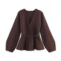 Woman Clothes Tops V Elegant Knit Cardigan For Women With V Neck Tie Waist And Flared Hem Autumn And Winter Workwear Top
