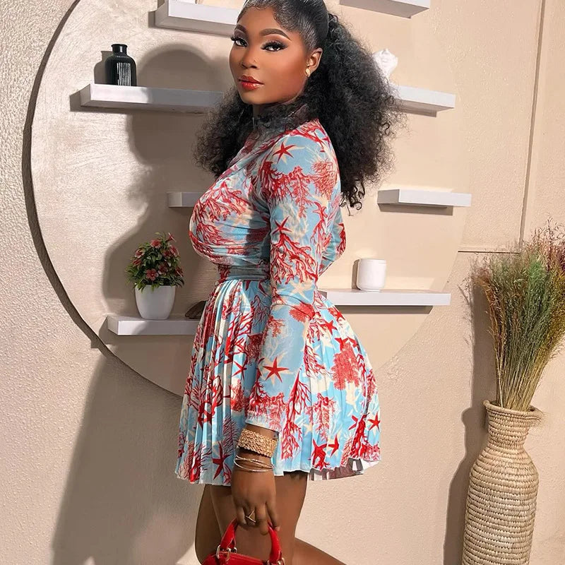 Women Clothing 2 Pieces Print Long Sleeve Shirt Top and Pleated Mini Skirt Luxury Fashion Wear Elegant Party Birthday Dress Set