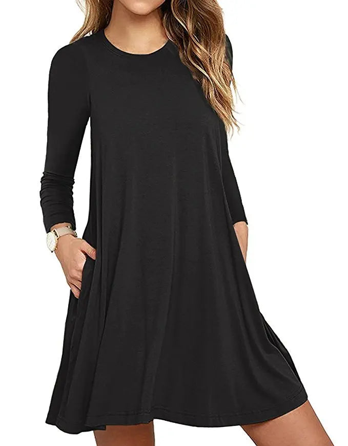 Women's Clothing New Autumn Winter Dress Solid Color Round Neck Swing Pocket Swing