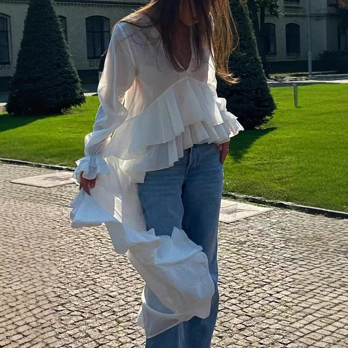 Women's Clothing 2025 Spring And Summer New Sweet And Fresh V-neck Long Sleeved Irregular Hem Shirt Women's Top
