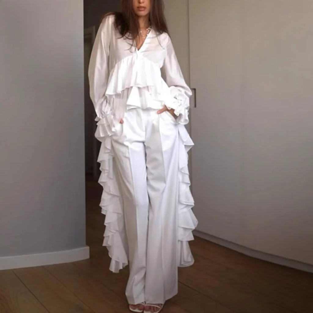 Women's Clothing 2025 Spring And Summer New Sweet And Fresh V-neck Long Sleeved Irregular Hem Shirt Women's Top