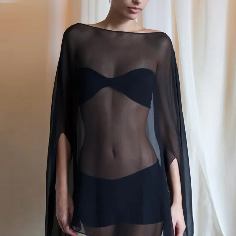 Women's Chiffon See-through Blouse — Elegant Sexy Night Club Cover-up Top