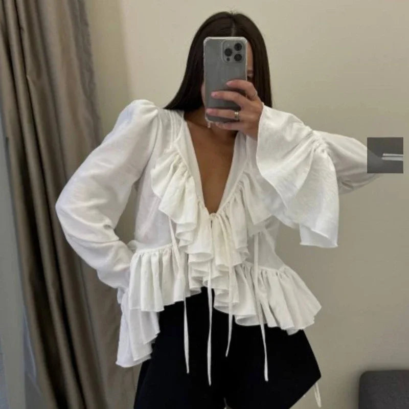 Women's clothing  spring new design ruffle edge horn sleeve lace-up top versatile shirt