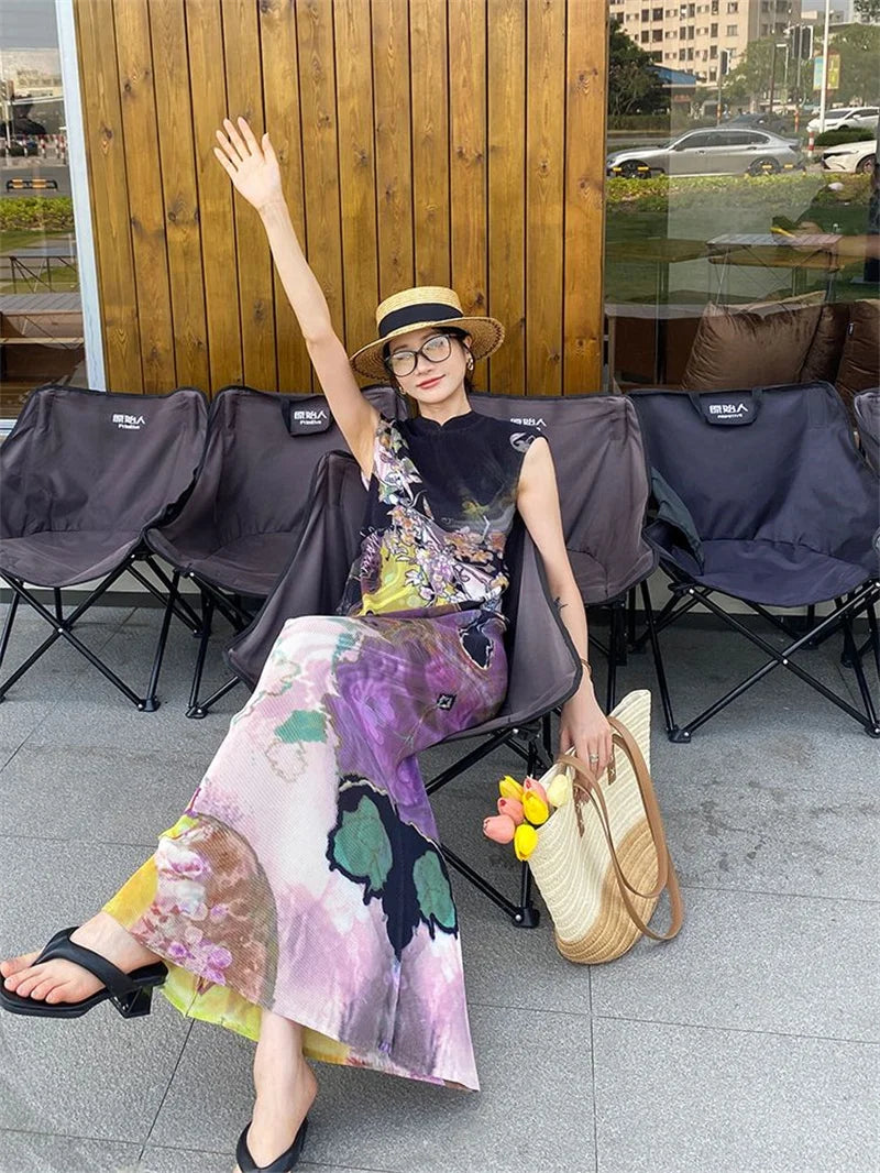 Women's Miyake Pleated Print Fishtail Dress — Chinese Style Cheongsam Summer Skirt