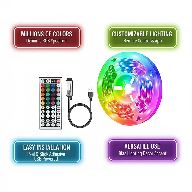 Smart LED Strip Lights 1m-20m Music Sync RGB 5V with App & Remote Control for Christmas Party Room Decoration Lighting