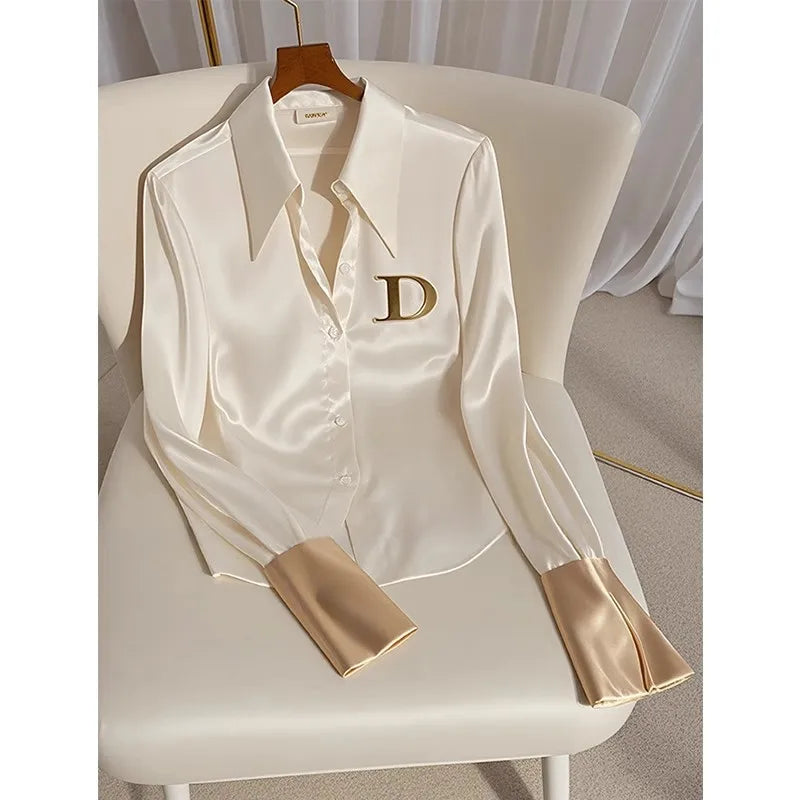Women's Acetate Satin Blouse — High-End Niche Cool White Office Shirt