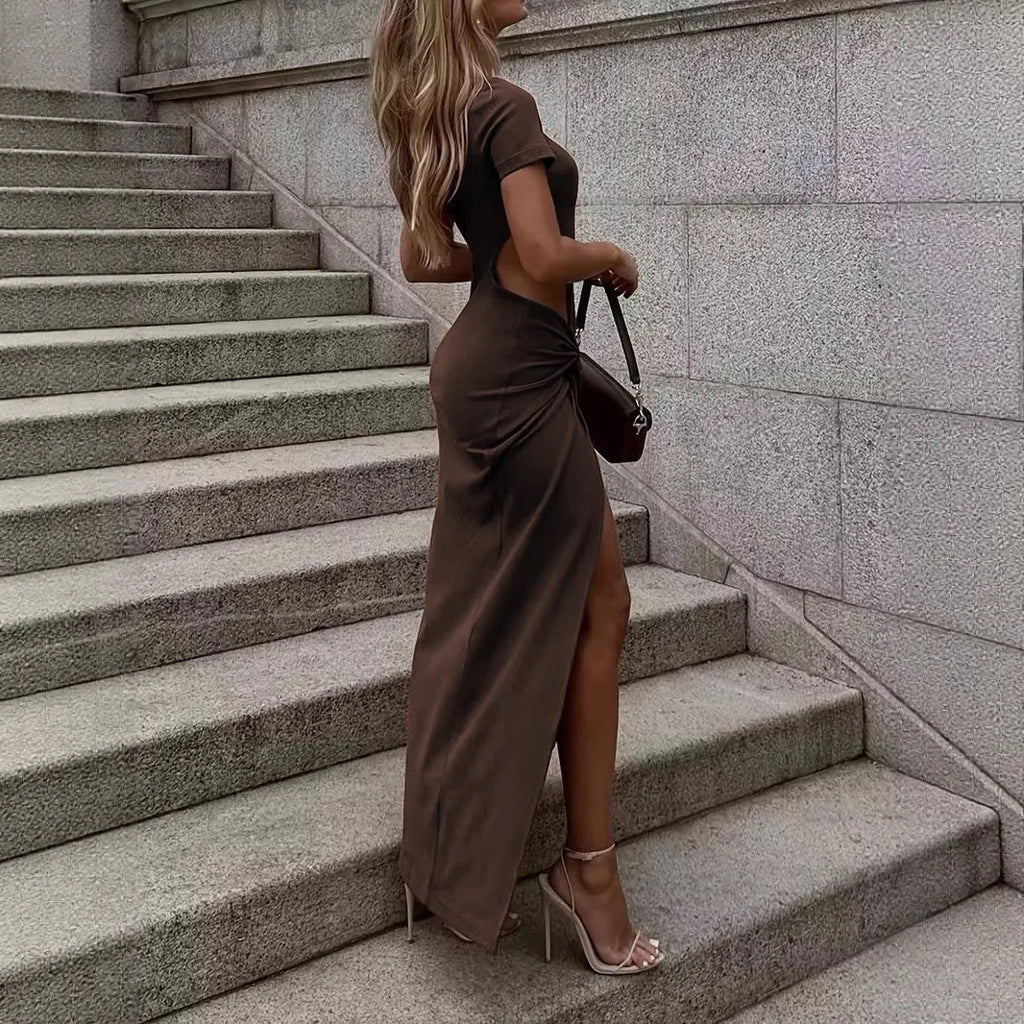 Winter Women's Clothing Sexy Backless Bodycon Dress For Woman Elegant Evening Wear Stretch Polyester High Slit Knotted Detail