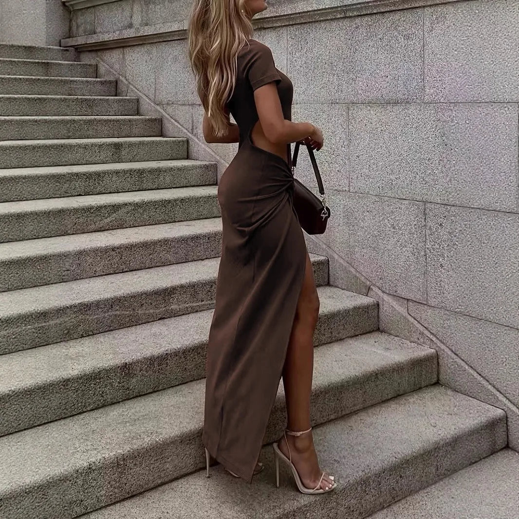 Winter Women's Clothing Sexy Backless Bodycon Dress For Woman Elegant Evening Wear Stretch Polyester High Slit Knotted Detail