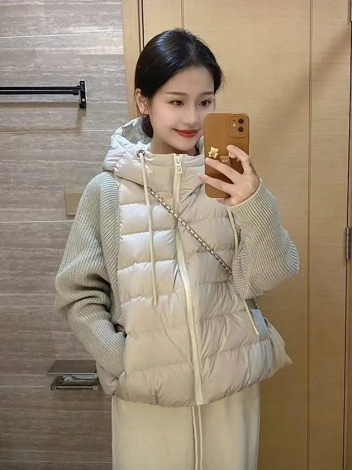 Women's Knitted Splicing Down Cotton Coat — Warm Versatile Short Winter Jacket