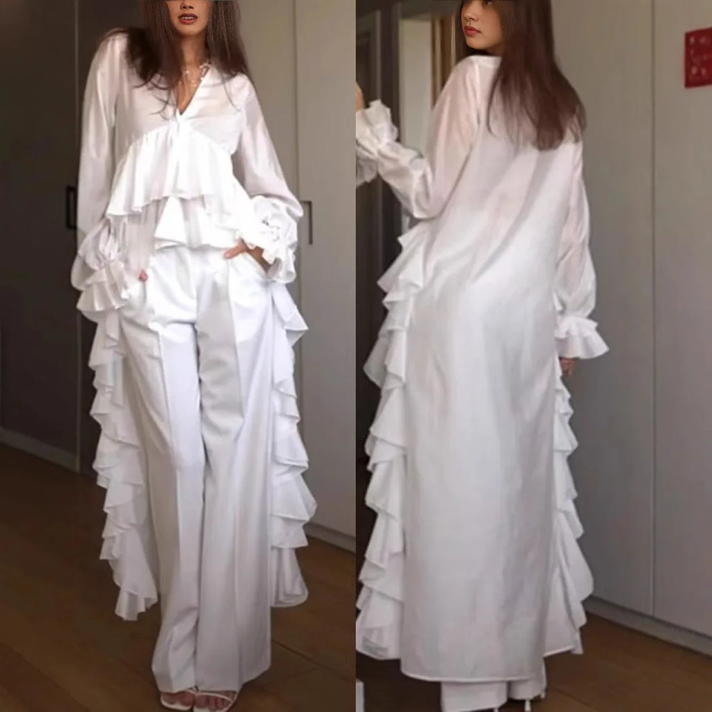 Women's Clothing 2025 Spring And Summer New Sweet And Fresh V-neck Long Sleeved Irregular Hem Shirt Women's Top
