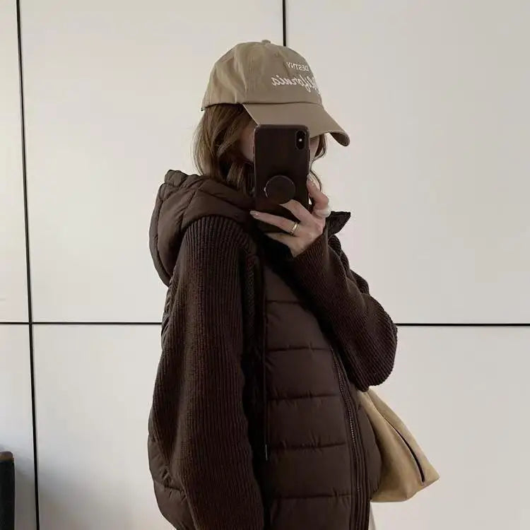 Women's Knitted Splicing Down Cotton Coat — Warm Versatile Short Winter Jacket