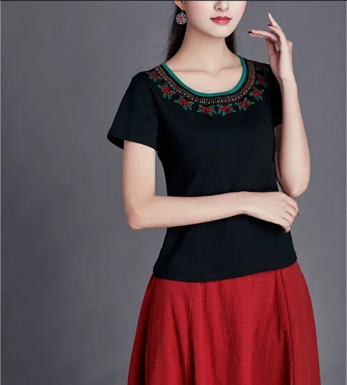 Women Clothes Shirts for Women T-shirts Y2k Tops Vintage Women Clothing Fashion Casual Elegant Summer Embroidery Ethnic Style