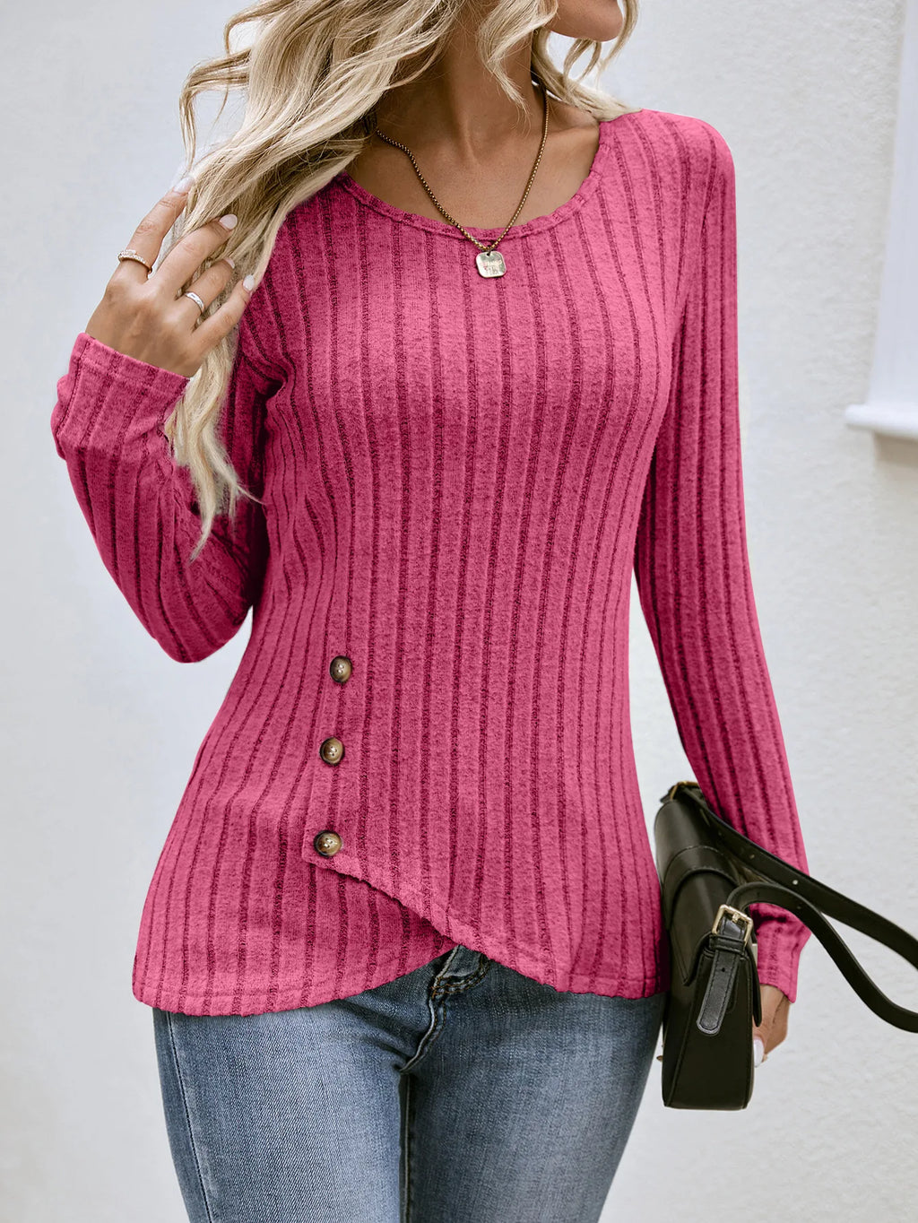 Women's Clothing Western Tops 2024 hot autumn new waist cinched round neck tight long sleeved top Europe America T-Shirts Tees