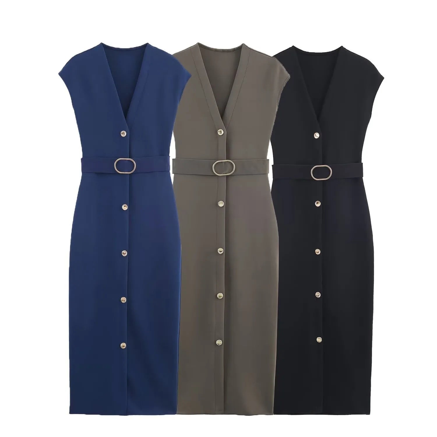 Women's clothing  fashion with belt elastic Midi dress