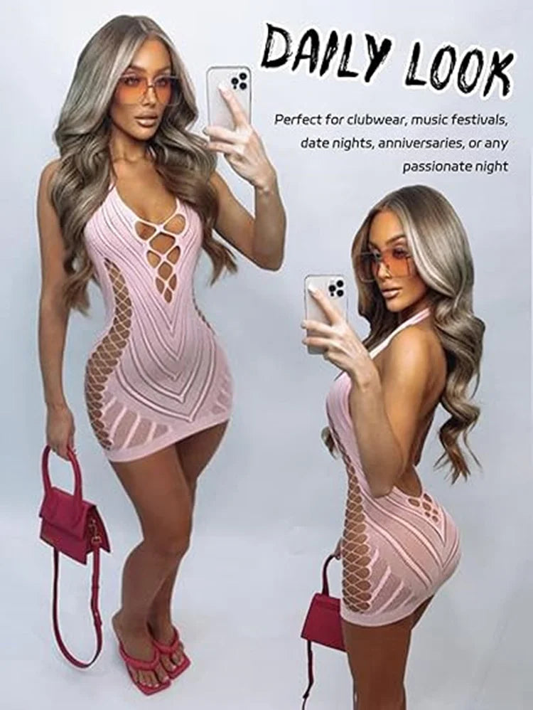 Underwear Dress Women Striped Perspective Hollow Tight Short Dresses Women Clothing Dress Summer Sheer Breathable Camisole Skirt