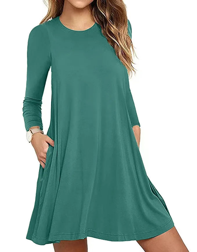 Women's Clothing New Autumn Winter Dress Solid Color Round Neck Swing Pocket Swing