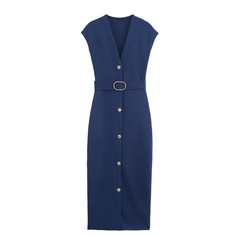 Women's clothing  fashion with belt elastic Midi dress