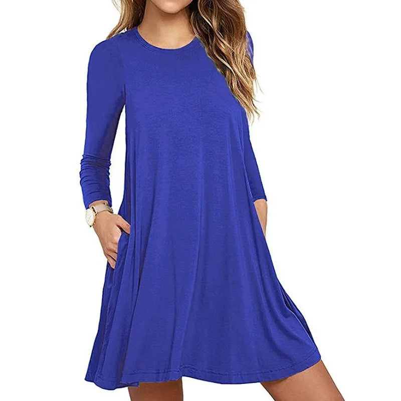 Women's Clothing New Autumn Winter Dress Solid Color Round Neck Swing Pocket Swing