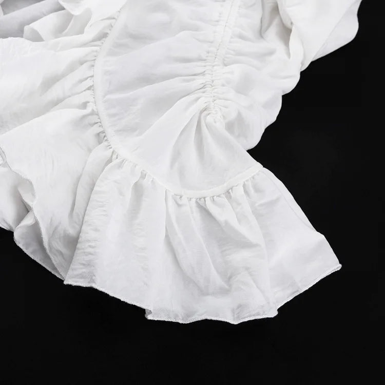 Women's clothing  spring new design ruffle edge horn sleeve lace-up top versatile shirt