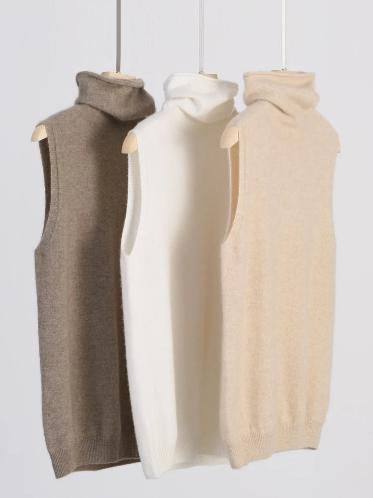 Women's 100% Merino Wool Turtleneck Vest — Sleeveless Knit Waistcoat