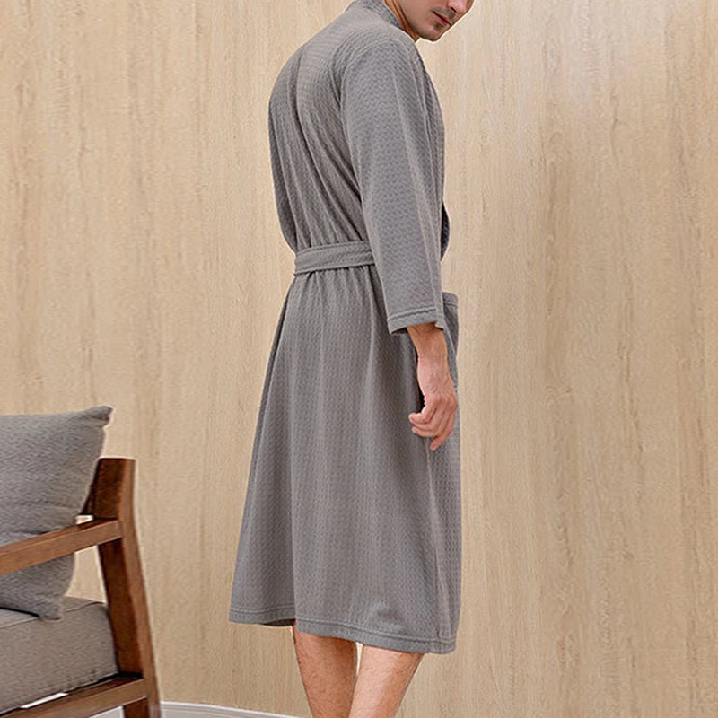 Unisex Waffle Plaid Dressing Gown — Lightweight Breathable Summer Bathrobe