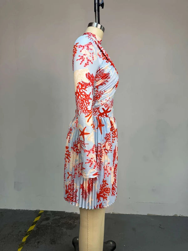 Women Clothing 2 Pieces Print Long Sleeve Shirt Top and Pleated Mini Skirt Luxury Fashion Wear Elegant Party Birthday Dress Set